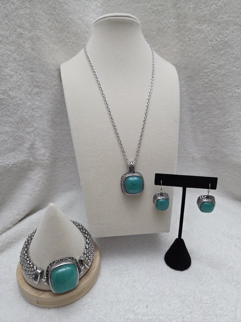 Russian Amazonite Necklace, Earrings & Bracelet Set in Stainless Steel